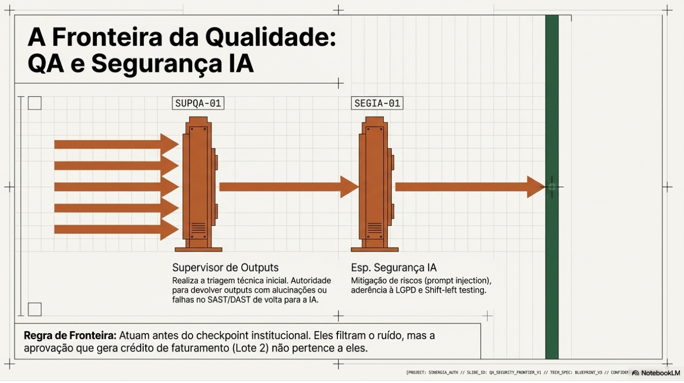 Fronteira da Qualidade — separação de responsabilidades entre QA tradicional e os mecanismos específicos de segurança e validação da camada de IA