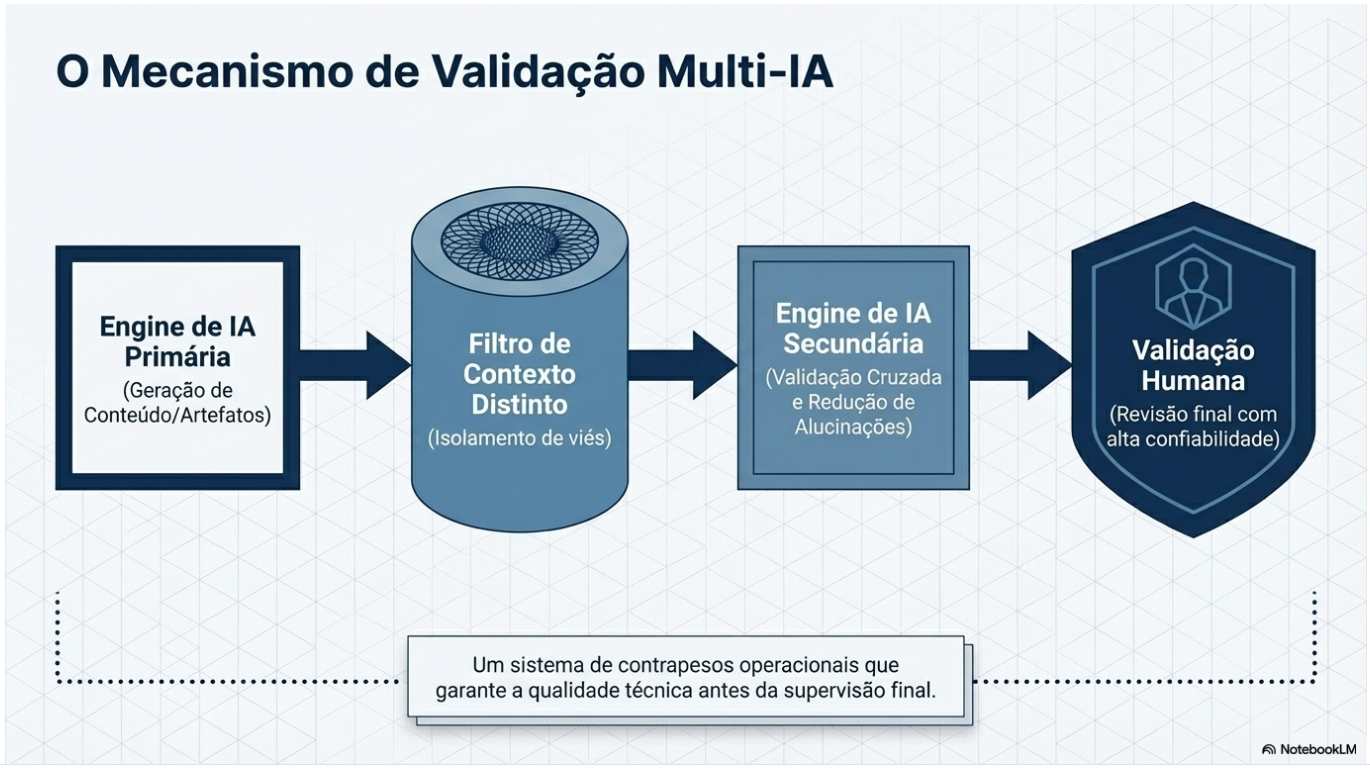 O Mecanismo de Validação Multi-IA — fluxo desde a engine primária até a validação humana final, passando por filtro de contexto distinto e engine secundária